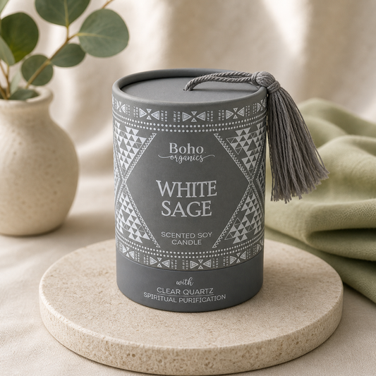 Boho Organics White Sage Soy Candle with Clear Quartz Gemstone