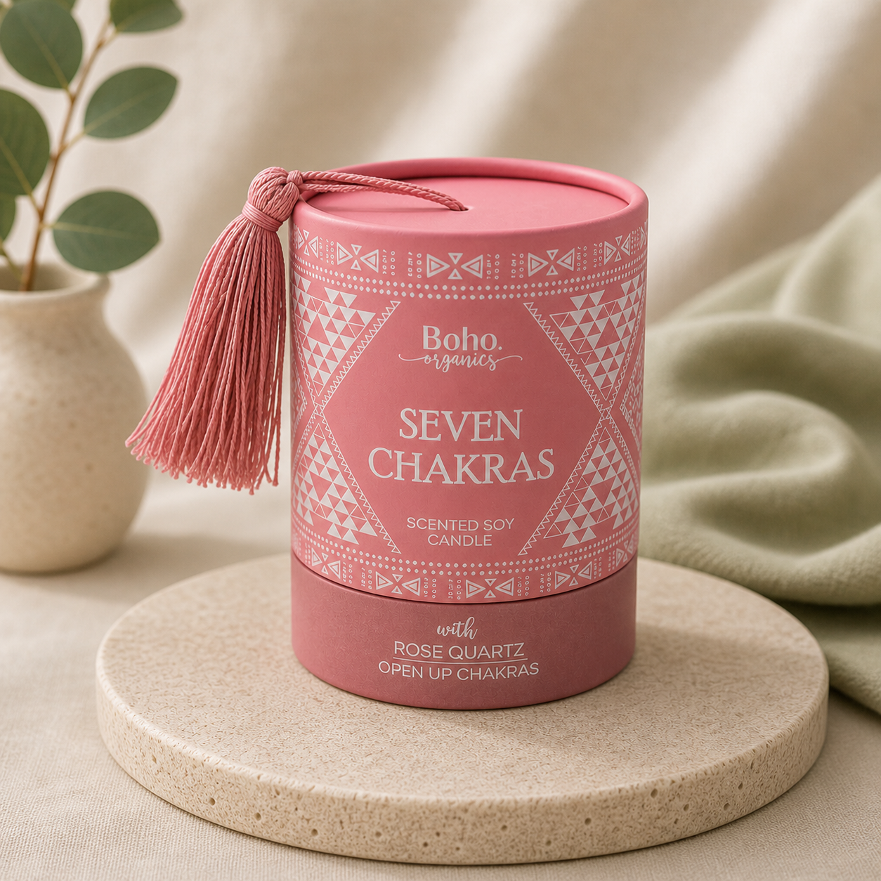 Boho Organics Seven Chakras Soy Candle with Rose Quartz Gemstone