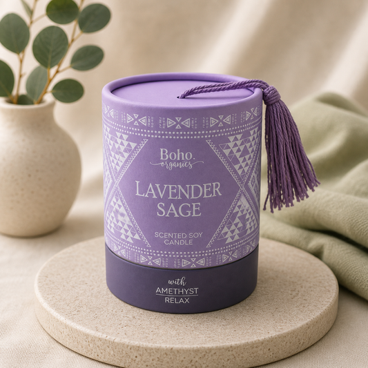 Boho Organics Lavender Sage Soy Candle with Amethyst Gemstone