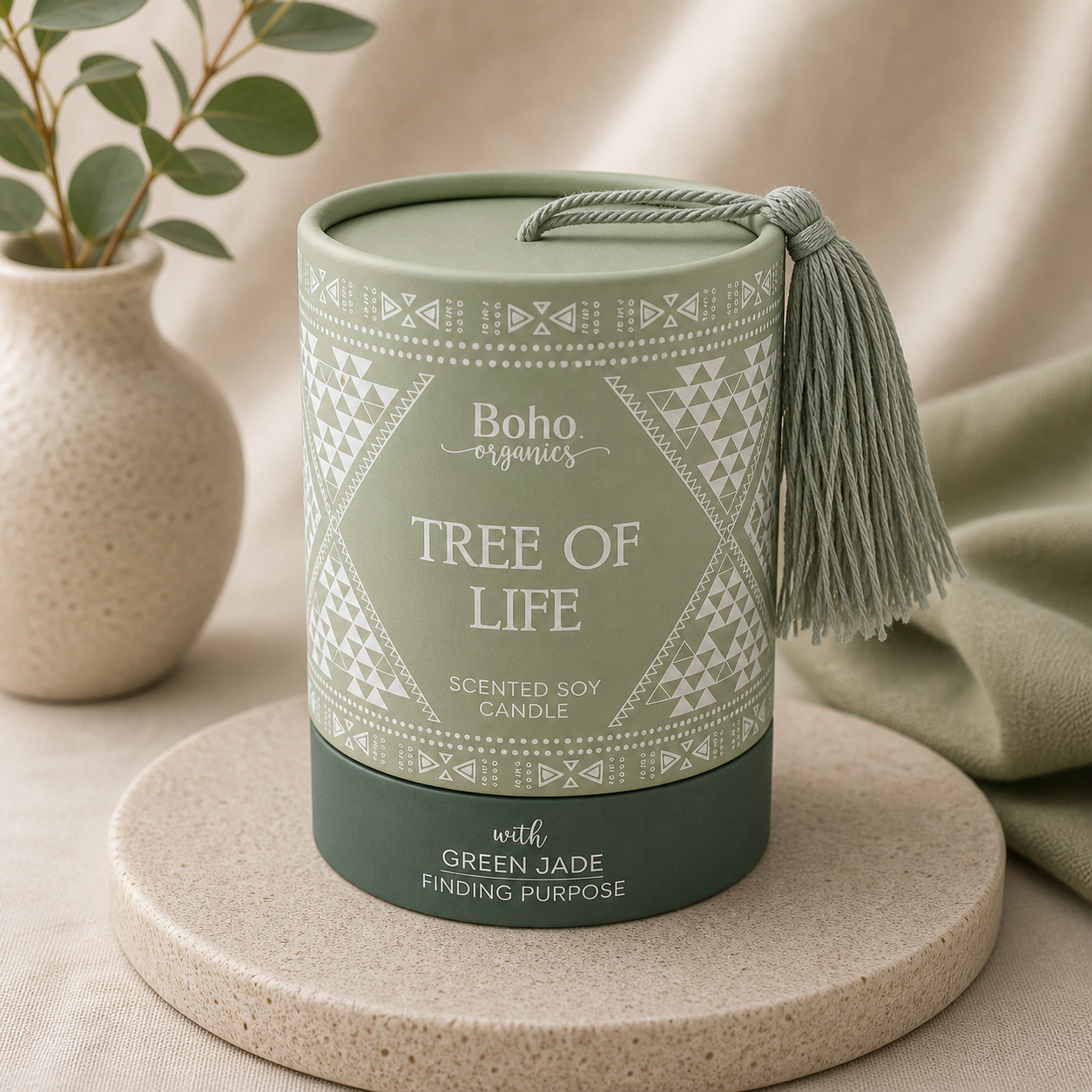 Boho Organics Tree of Life Soy Candle with Green Jade Gemstone