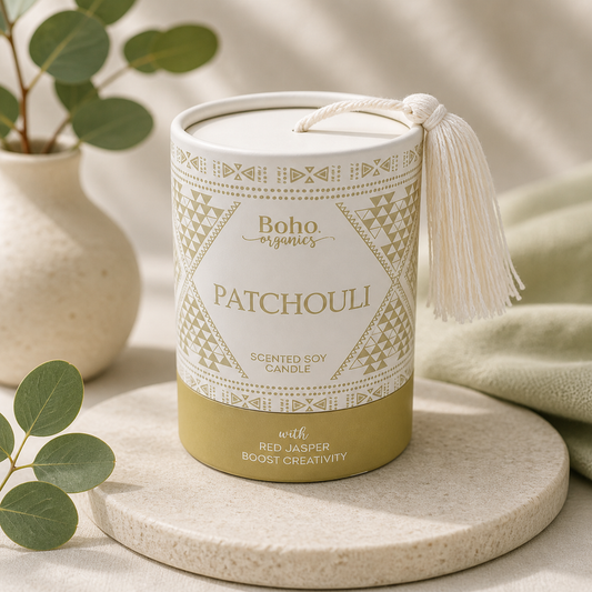 Boho Organics Patchouli Soy Candle with Red Jasper Gemstone